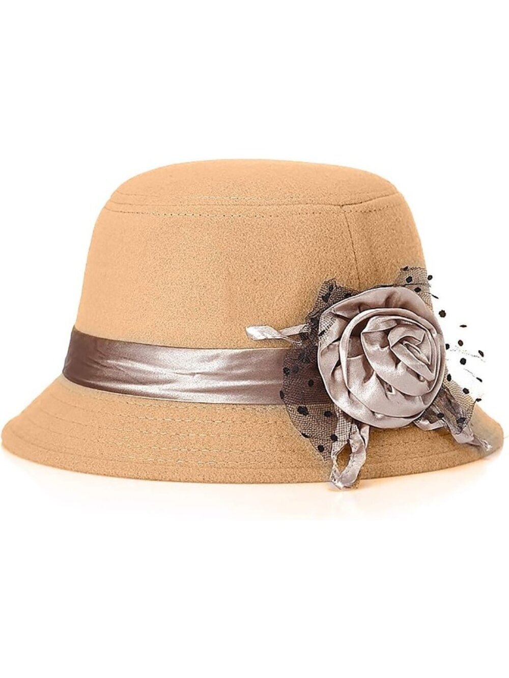 Women's Beige 1 Vintage Felt Cloche inter Floral Fedora Imported Bucket Hat